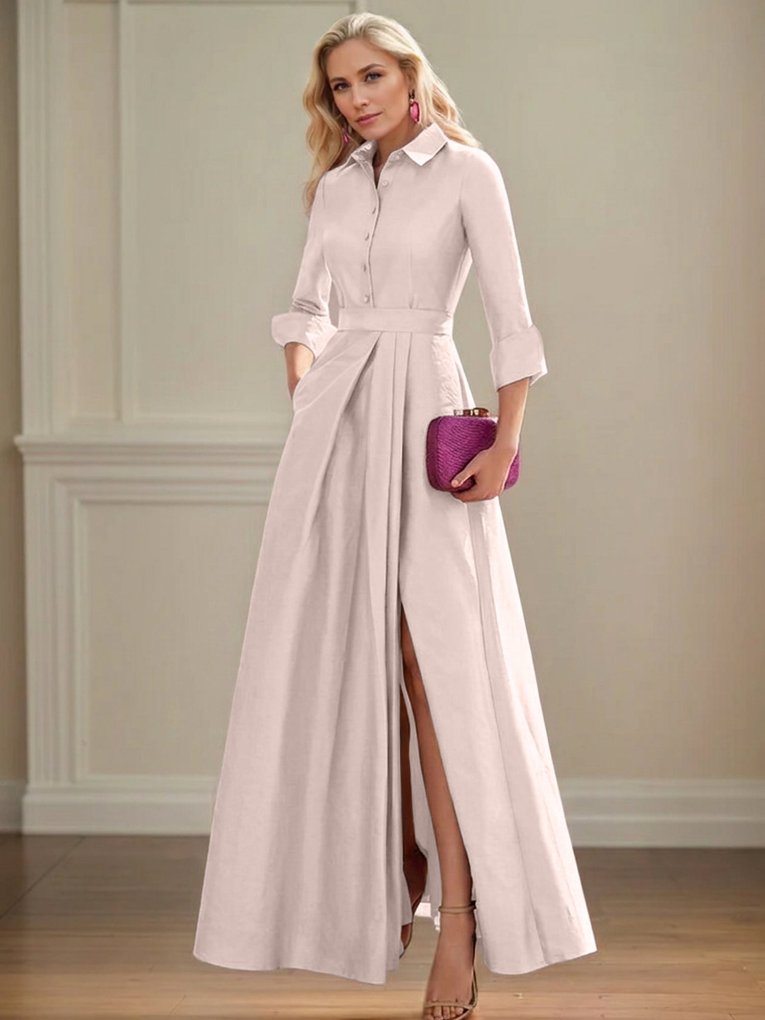 A Line High Neck 3/4 Sleeves Floor Length Mother of the Bride Dresses