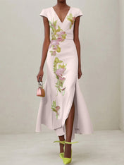 Green Floral V Neck Embroidered Cap Sleeve Slit Sheath Maxi Dress