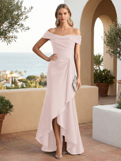 Off the Shoulder Pleat Satin High Low Mermaid Evening Dresses for Women