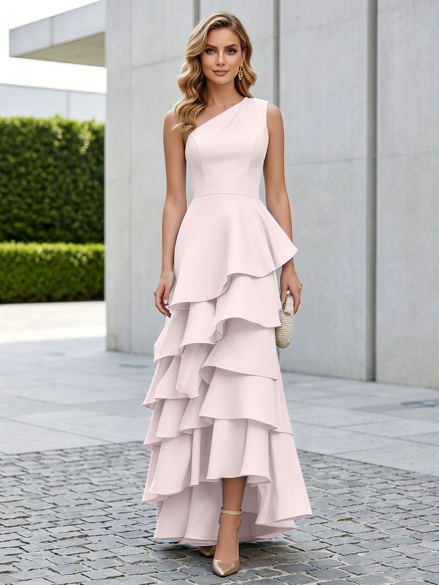 One Shoulder Tiered Ruffle Satin Mermaid Evening Gown with Sculptural Layers