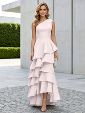 One Shoulder Tiered Ruffle Satin Mermaid Evening Gown with Sculptural Layers