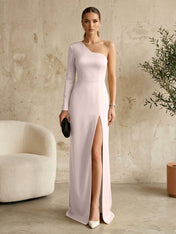 Long Sleeves Black One Shoulder Formal Dress Evening Gown