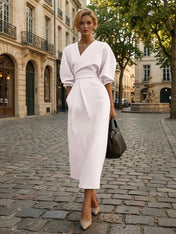 Sophisticated Camel V-Neck Balloon Sleeve Midi Dress Evening Gown