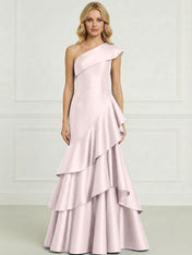 Formal Evening Dress Dark Blue One-Shoulder Satin Tiered Maxi Gown