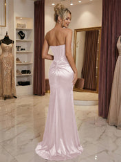 Burgundy Satin Corset Rhinestone Trim Floor-Length Prom Dress with Thigh Slit