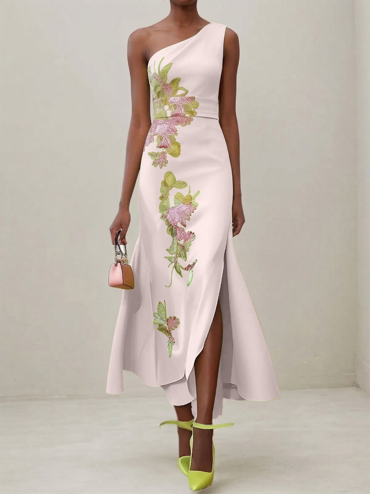 Green Floral One Shoulder Embroidered Cap Sleeve Slit Sheath Maxi Dress