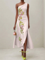Green Floral One Shoulder Embroidered Cap Sleeve Slit Sheath Maxi Dress