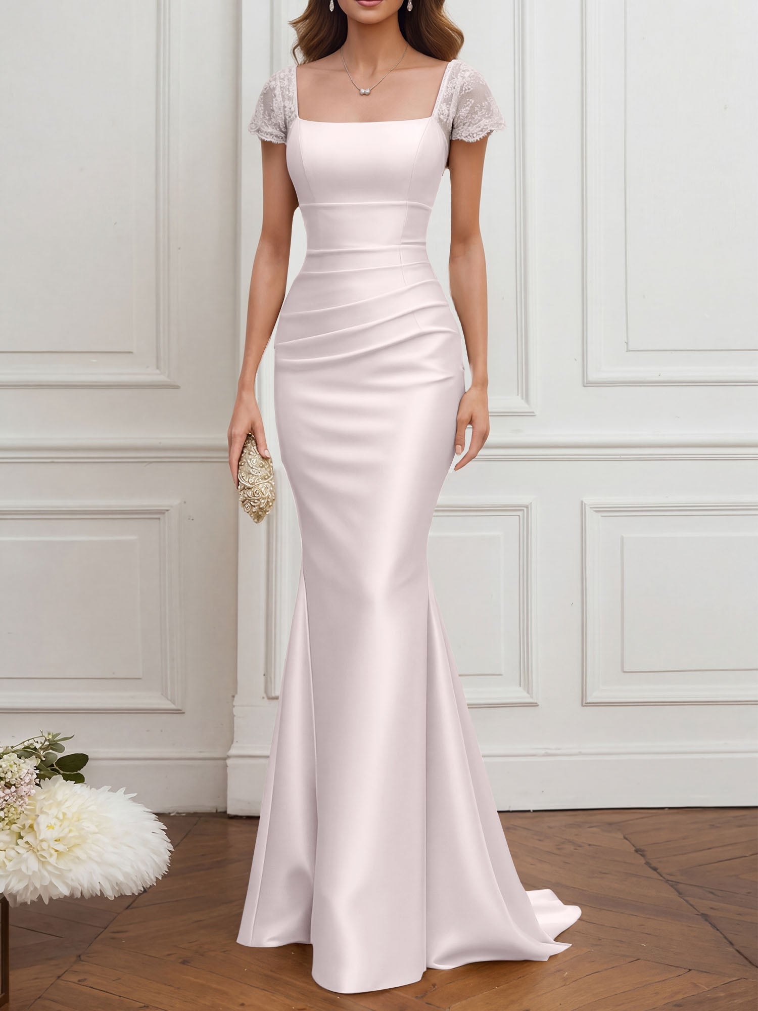 Mother of the Bride Dress Champagne Satin Square Neck Maxi Dress