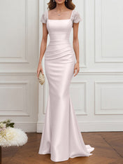 Mother of the Bride Dress Champagne Satin Square Neck Maxi Dress