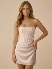 White Strapless Sequin Beaded Satin Short Homecoming Dress with Corset