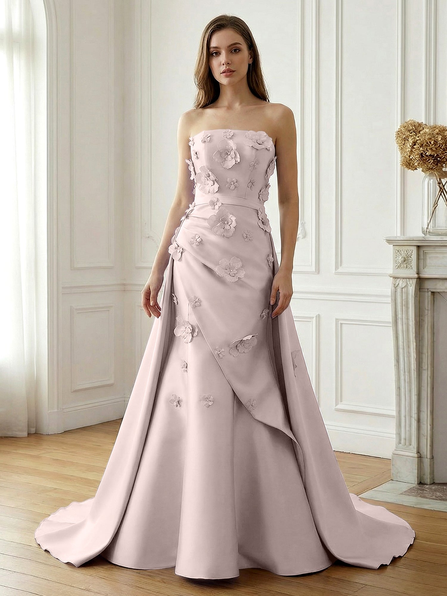 Lavender Satin 3D Floral Strapless A-Line Gown