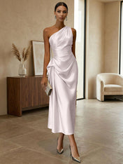 Champagne Ruched Satin One Shoulder Sleeveless Sheath Midi Dress