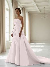 Pink A Line Satin Strapless Prom Dress with 3D Floral Appliques