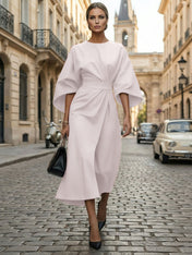 Loose Batwing Sleeve Dress Tight Waist Solid Color Elegant Dresses