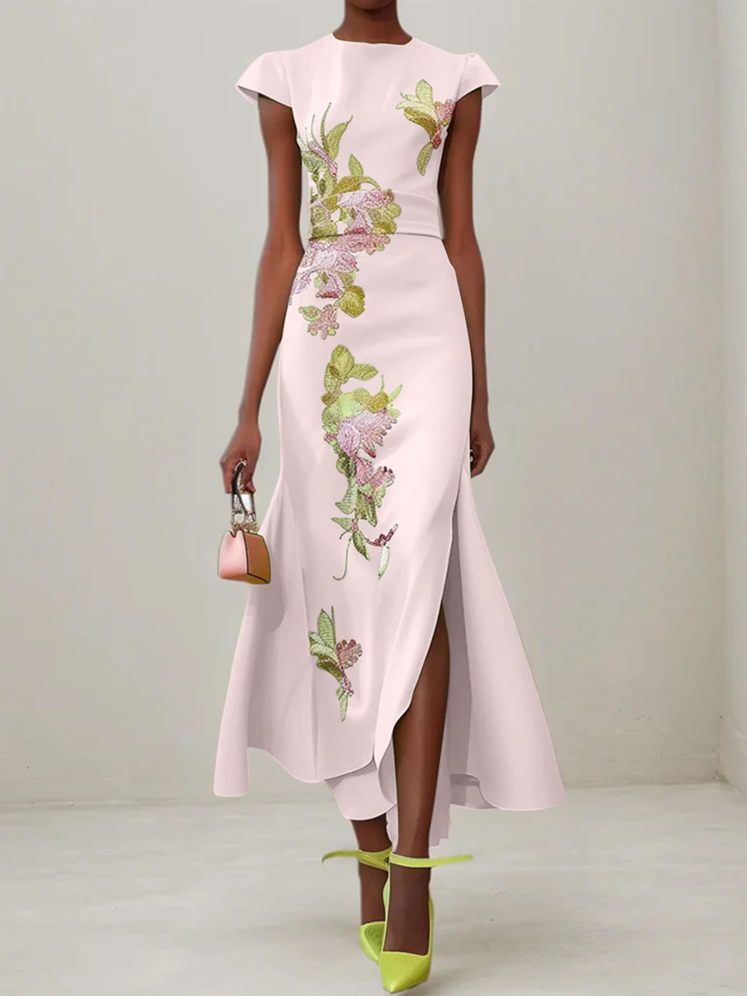 Green Floral Embroidered Cap Sleeve Slit Sheath Maxi Dress