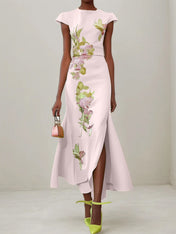 Green Floral Embroidered Cap Sleeve Slit Sheath Maxi Dress