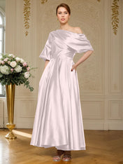 A-line Short Sleeves Pleated Ankle-Length Silk like Satin Mother of the Bride Dress
