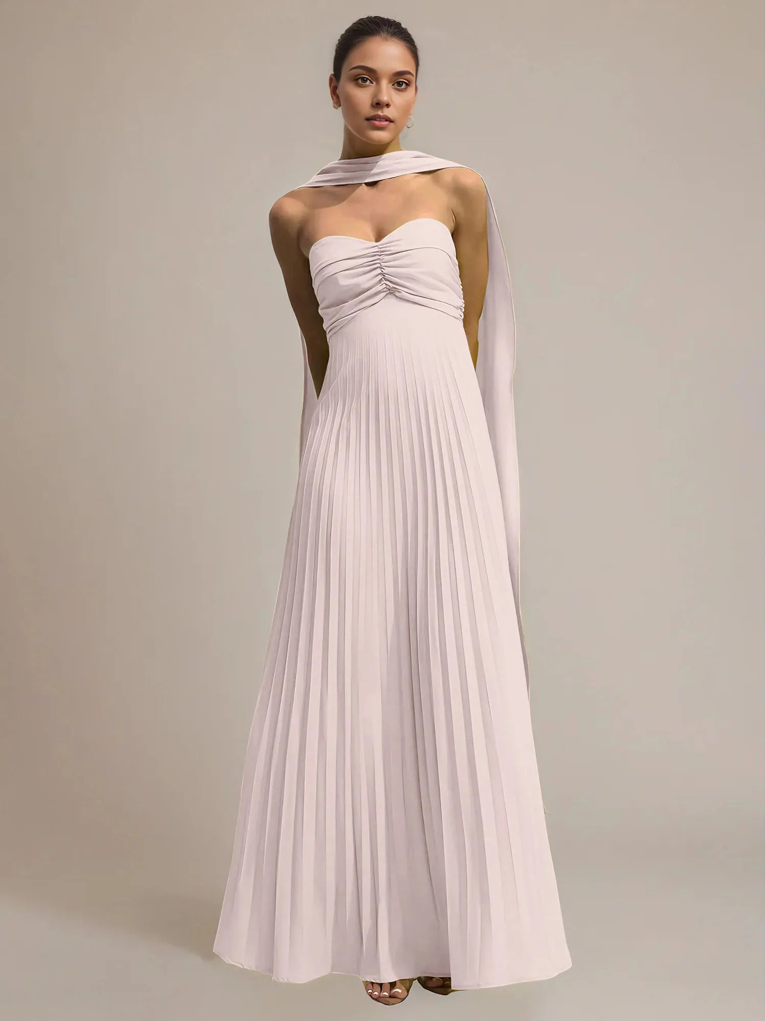 Green Chiffon A Line Off The Shoulder Sleeveless Floor Length Pleated Dress