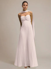 Green Chiffon A Line Off The Shoulder Sleeveless Floor Length Pleated Dress