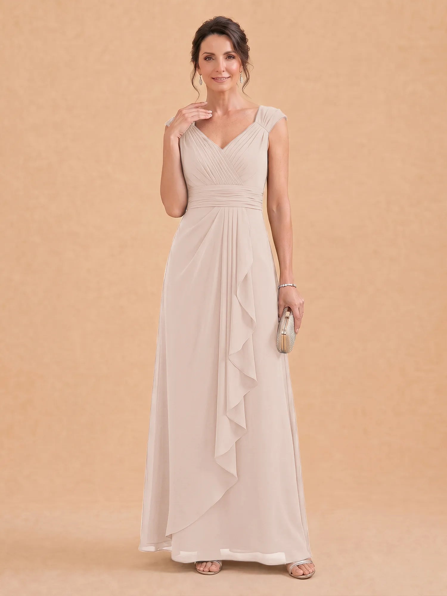 V-Neck Ruched Chiffon A-Line Mother of the Bride Dress with Cascading Ruffle