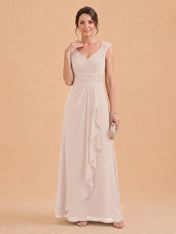 V-Neck Ruched Chiffon A-Line Mother of the Bride Dress with Cascading Ruffle
