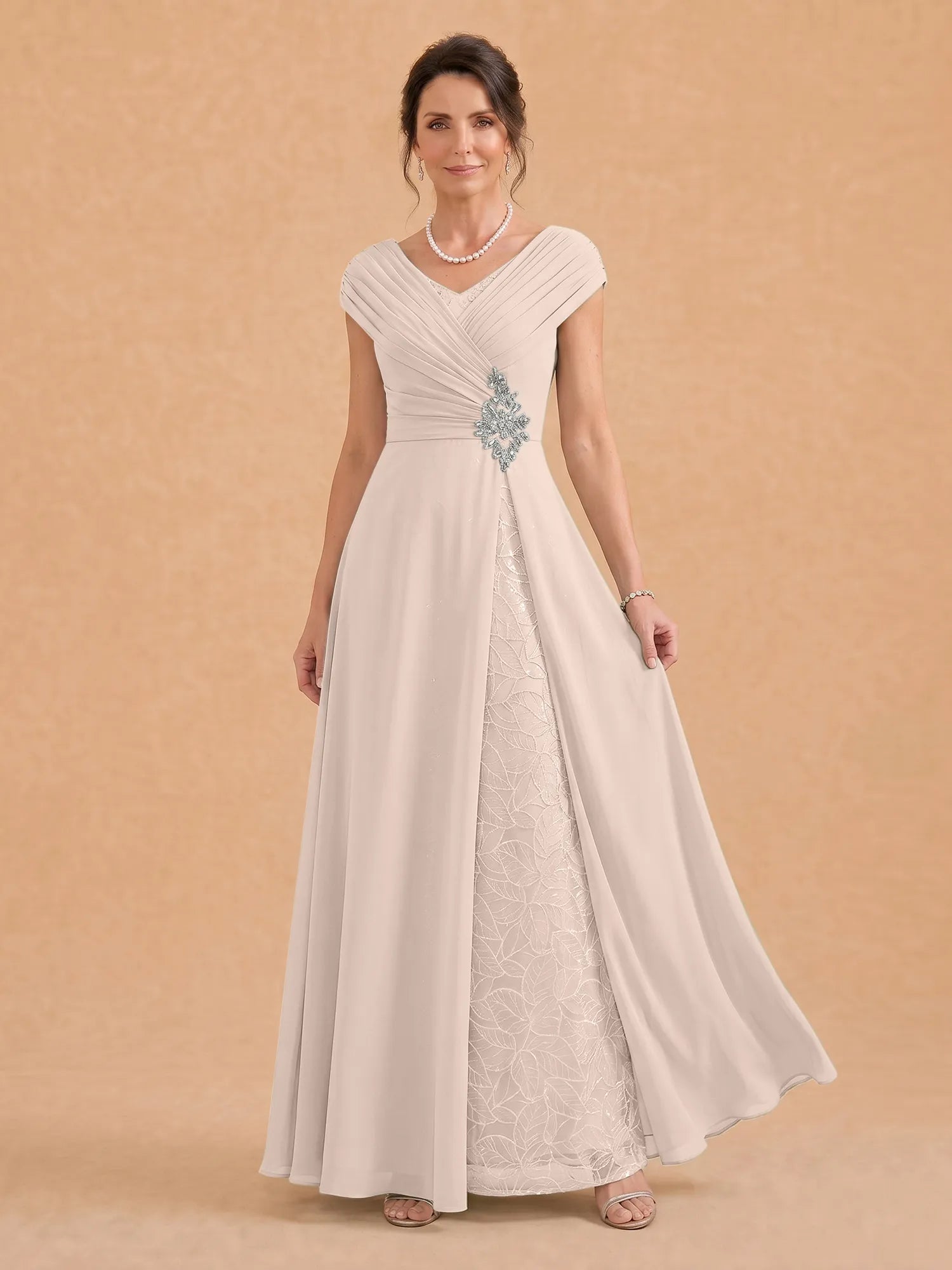 V-Neck Ruched Chiffon A-Line Mother of the Bride Dress with Crystal Brooch