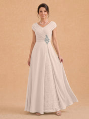 V-Neck Ruched Chiffon A-Line Mother of the Bride Dress with Crystal Brooch
