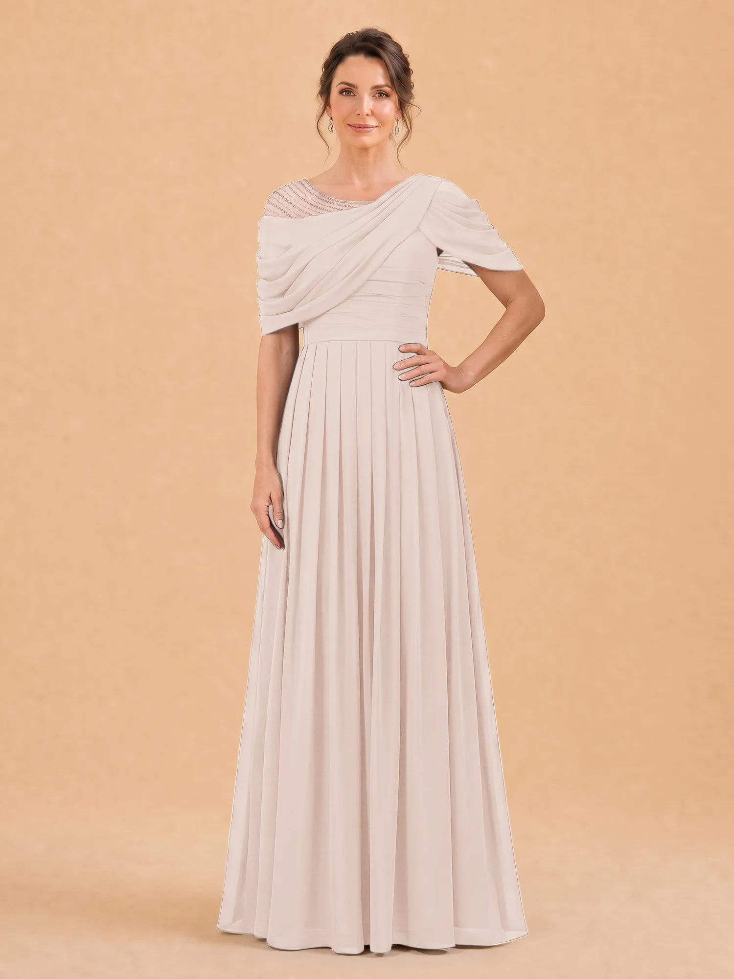 One-Shoulder Cape Overlay Chiffon Mother of the Bride Dress