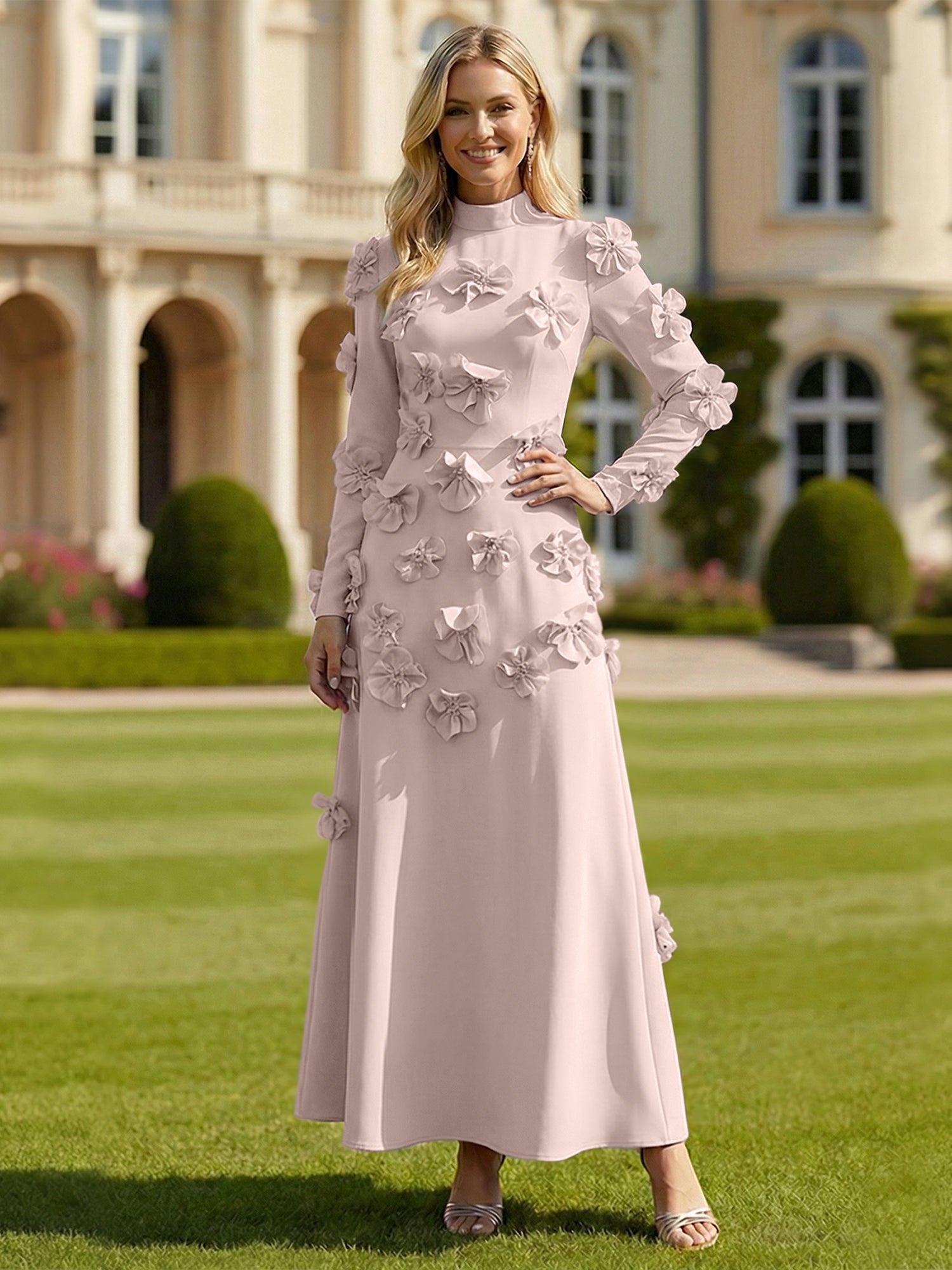 A Line High Neck Long Sleeves Stretch Crepe Dress With 3D Flowers