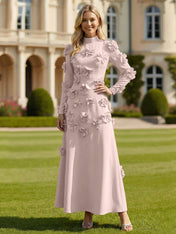 A Line High Neck Long Sleeves Stretch Crepe Dress With 3D Flowers