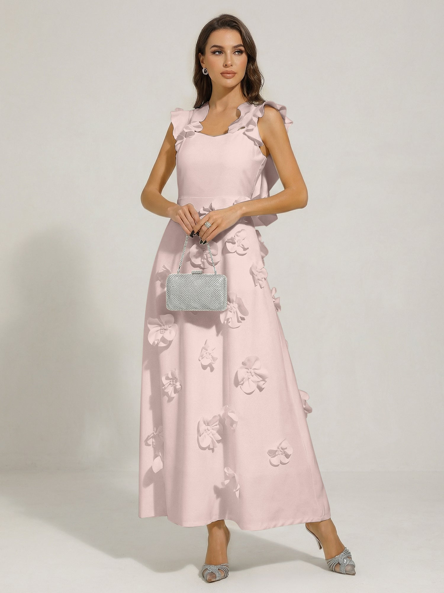 Chic White 3D Flowers A-Line Floor Length Stretch Crepe Dress with Pockets Maxi Dress