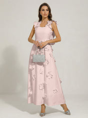 Chic White 3D Flowers A-Line Floor Length Stretch Crepe Dress with Pockets Maxi Dress