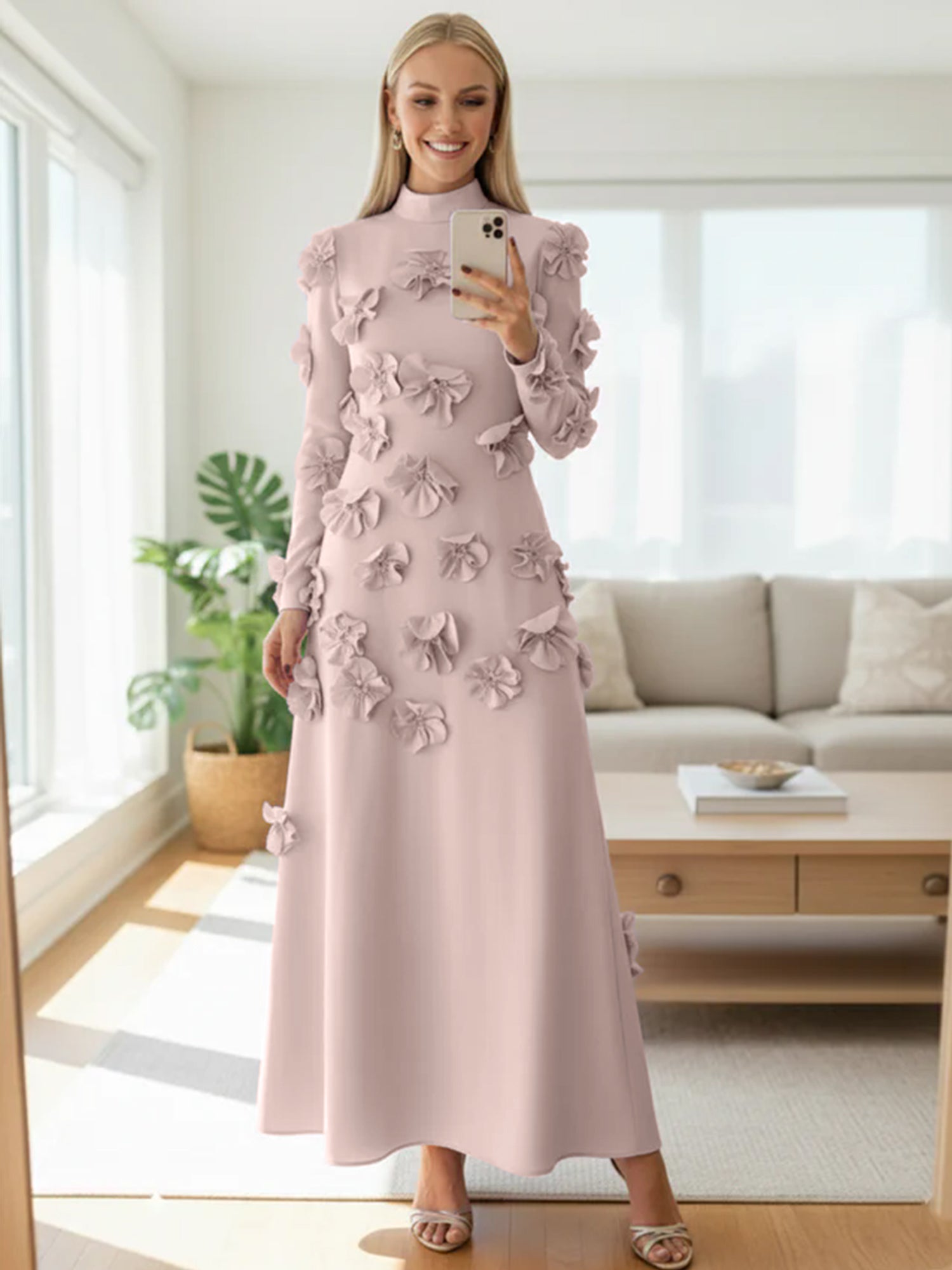 A Line High Neck Long Sleeves Floor Length Stretch Crepe Dress With 3D Flowers