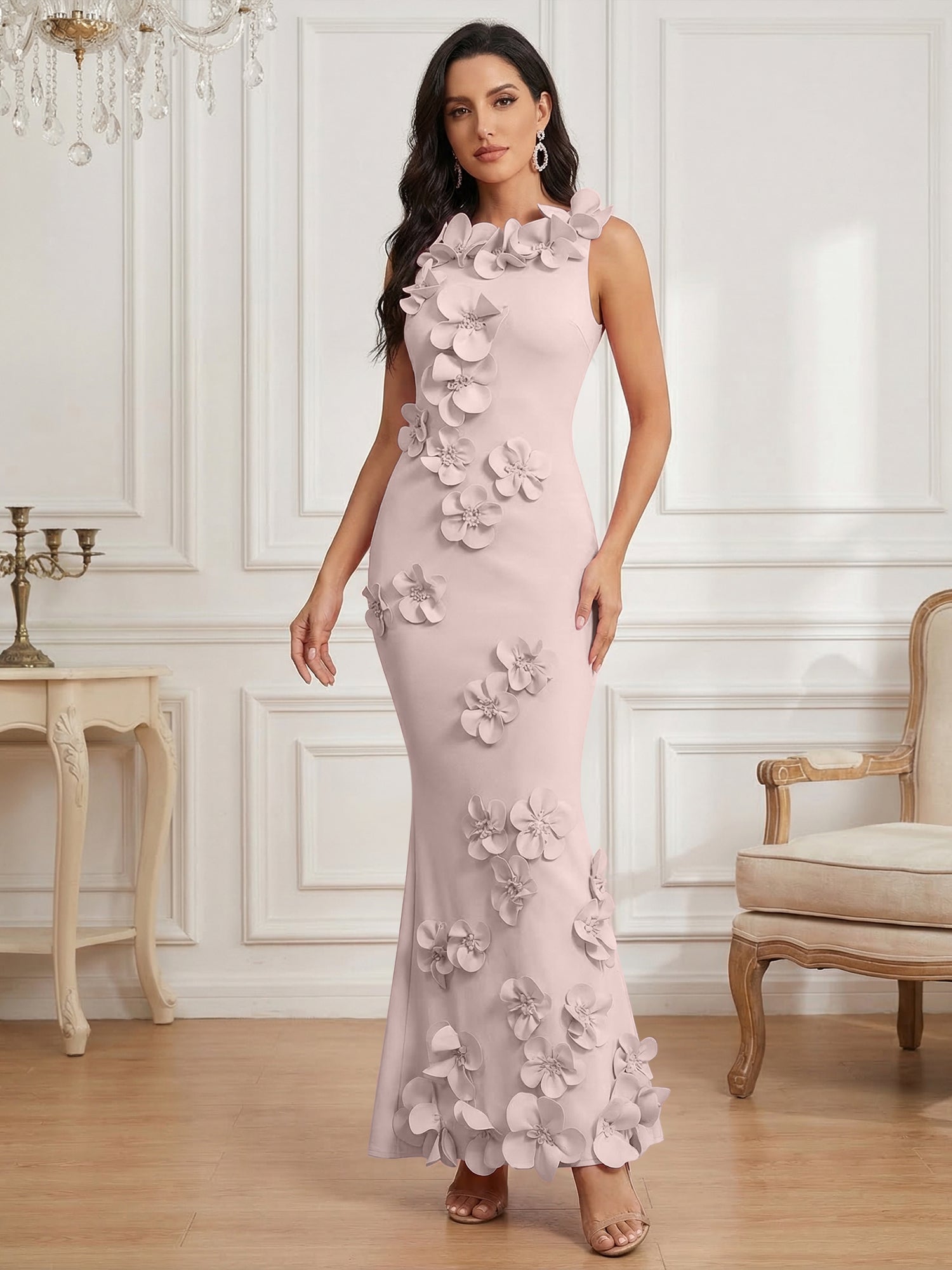 Romantic Pink Sleeveless 3D Floral Mermaid Gown