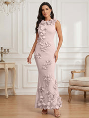 Romantic Pink Sleeveless 3D Floral Mermaid Gown