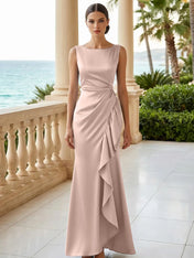 Dusty Blue Scoop Neck Evening Dress with Ruffle Mermaid Maxi Dress