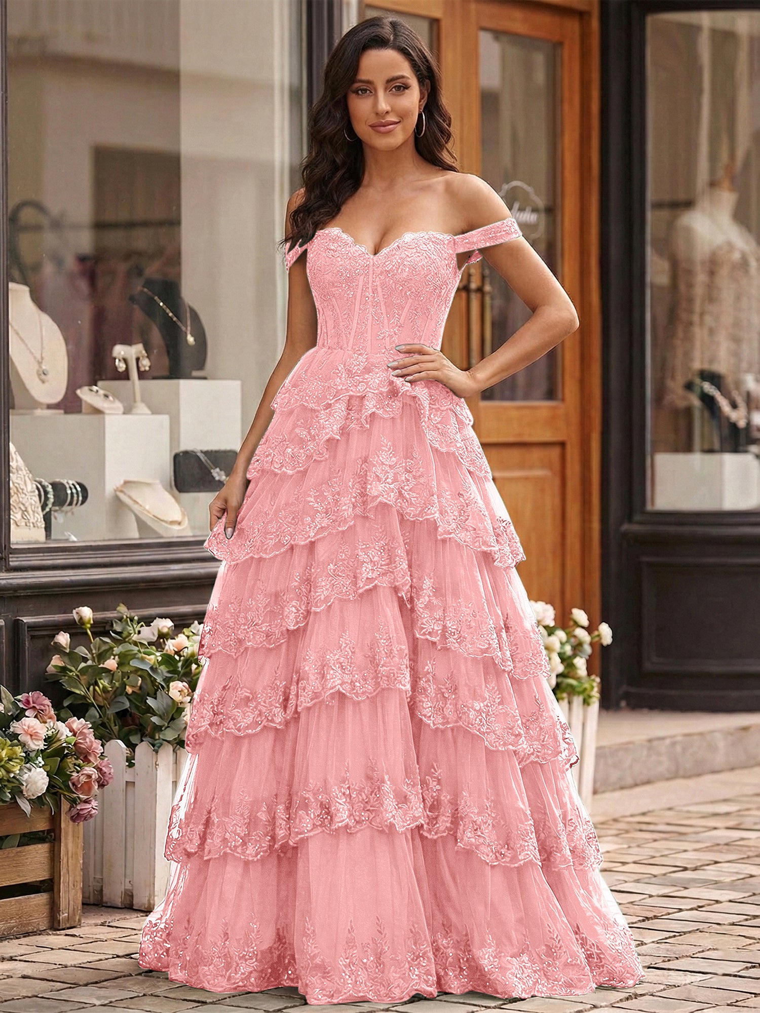 Emerald Green Lace Corset Tiered Ruffle Long Prom Dress with Slit