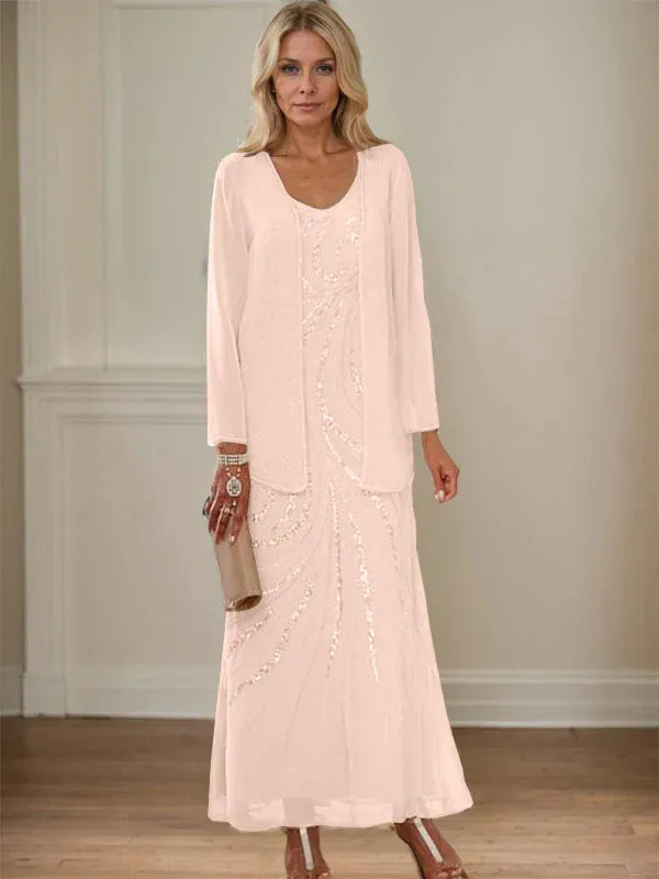 Robe de mère de la mariée fourreau/colonne, col en V, longueur cheville, avec veste et paillettes 