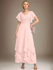 A-line V-Neck Ankle-Length Lace Chiffon Mother of the Bride Dress With Cascading Ruffles