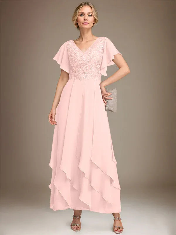 A-line V-Neck Ankle-Length Lace Chiffon Mother of the Bride Dress With Cascading Ruffles