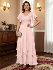 A-line V-Neck Ankle-Length Lace Chiffon Mother of the Bride Dress With Cascading Ruffles