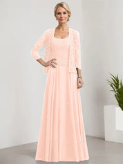 Robe de mère de la mariée trapèze carrée, longueur au sol, en mousseline de soie et dentelle, avec paillettes 