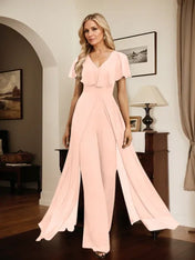 Jumpsuit/Pantsuit V-Neck Floor-Length Chiffon Evening Dress