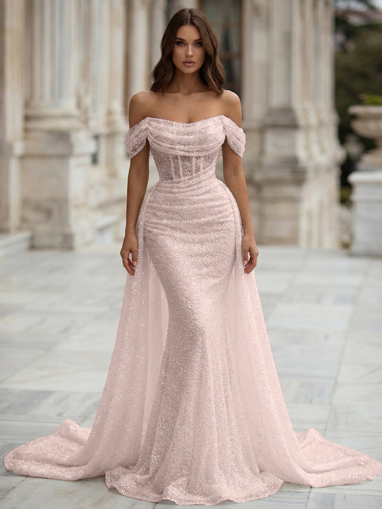 White Sequin Corset Mermaid Prom Dress with Overskirt