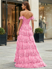 Royal Blue Off-the-Shoulder Sequin Lace Tiered Corset Prom Dress