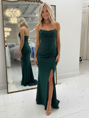 Bodycon Scoop Neck Satin Long Prom Dress with Slit