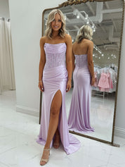 Bodycon Scoop Neck Satin Long Prom Dress with Slit