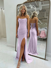 Bodycon Scoop Neck Satin Long Prom Dress with Slit