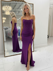 Bodycon Scoop Neck Satin Long Prom Dress with Slit