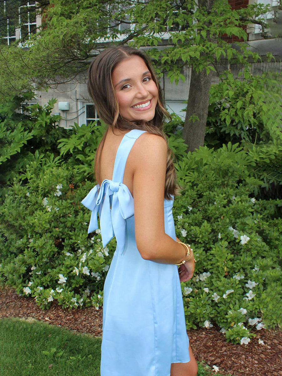 Bow Straps Blue A-line Satin Short Homecoming Party Dress